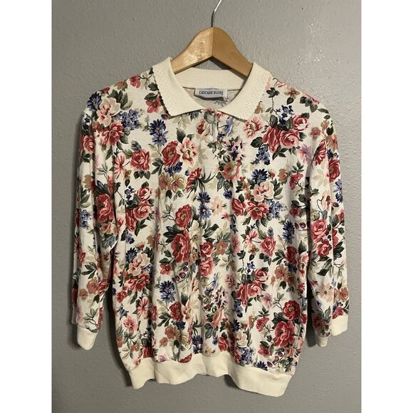 Cascade Blues Tops - Vintage Women Top Size Large Floral Collared 3/4 Sleeve Romantic Cottagecore 90s